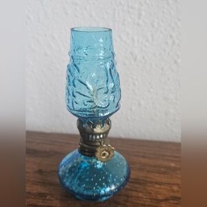 Vintage Blue Glass Miniture Oil Hurrican Lamp